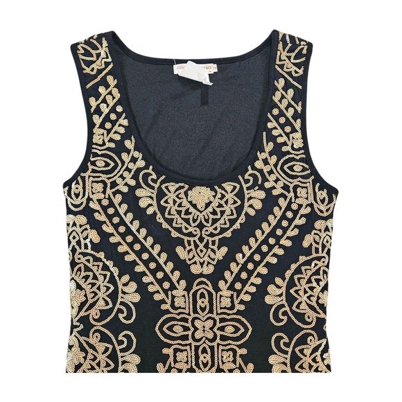 A'GACI Dress Size Small Black & Gold Sequence Floral Tank Dress Bodycon Mini - Picture 6 of 9